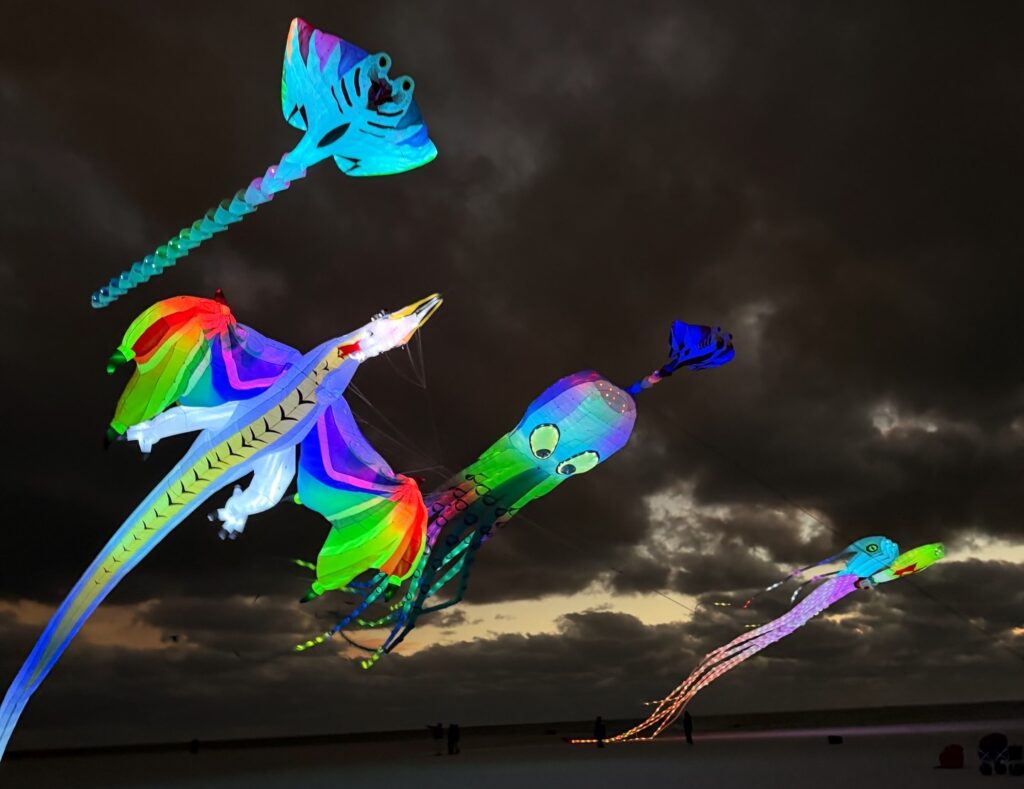 illuminated kites at night